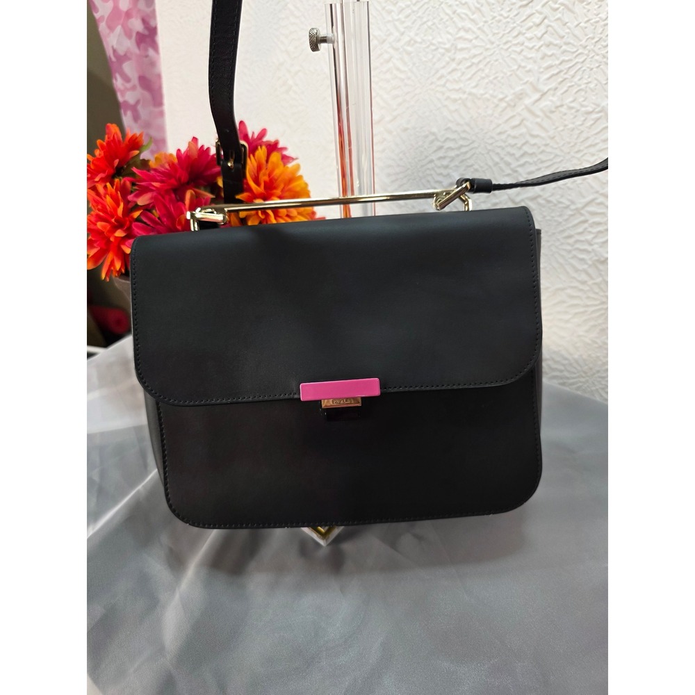 Furla Elisir S Black Leather Crossbody Bag Gold Pink Accent Flap Satchel Handbag